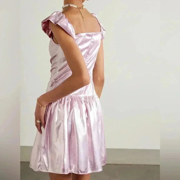 Batsheva Wendy Pink holographic effect Metallic Ruched Mini Dress - Picture 3 of 12